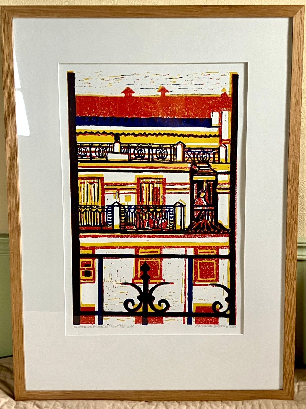 🔴Originele kleurenlino GISPEN handgesigneerd ingelijst lino, Antiek en Kunst, Linosnede, Overige onderwerpen, Ophalen of Verzenden