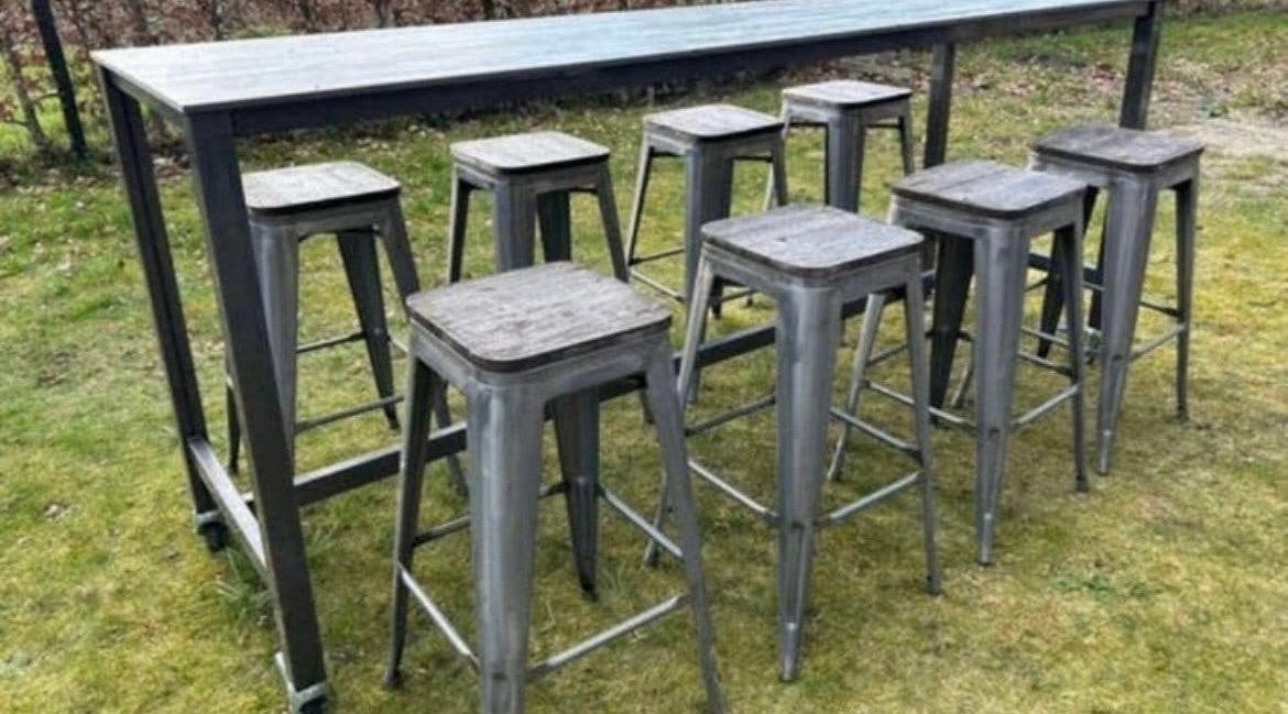 Bartafel verrijdbaar met 8 barkrukken, Ophalen, 90 cm of meer, Metaal, Gebruikt