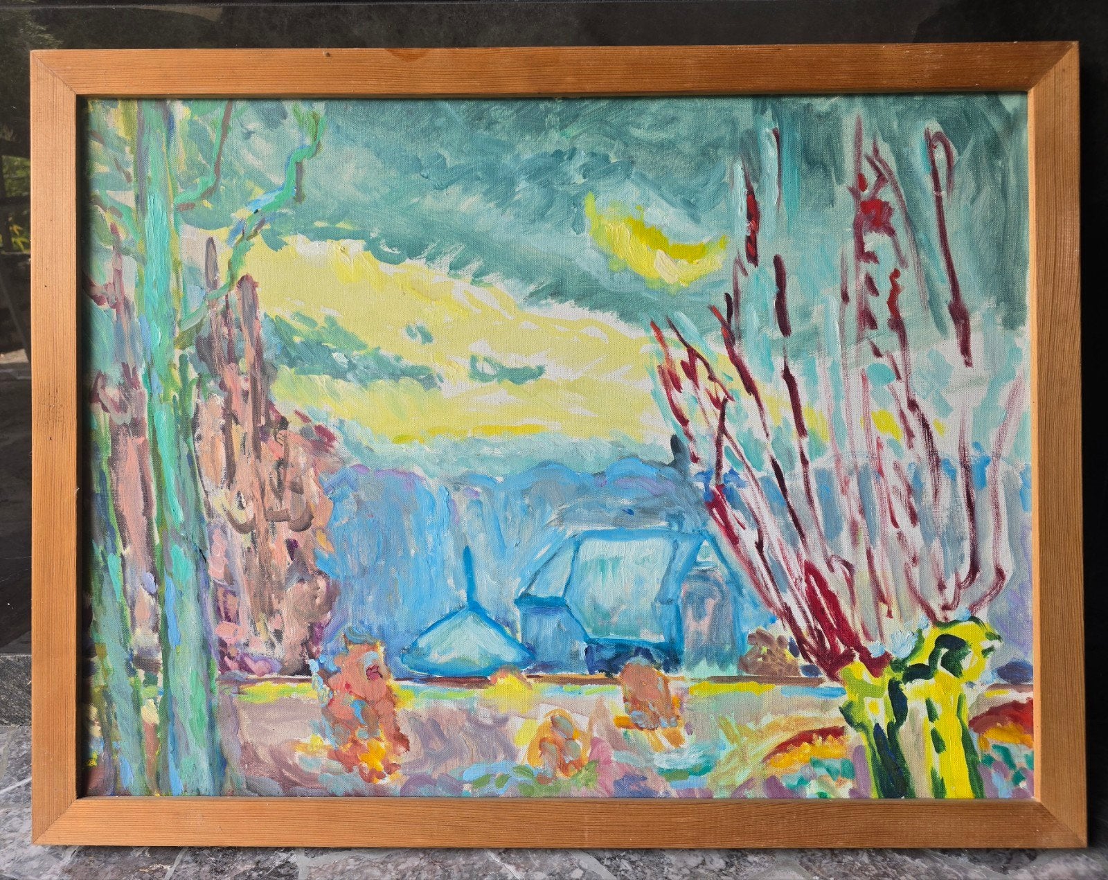 P.C. Kuiper groot kleurrijk landschap 8565 cm in lijst, Ophalen of Verzenden