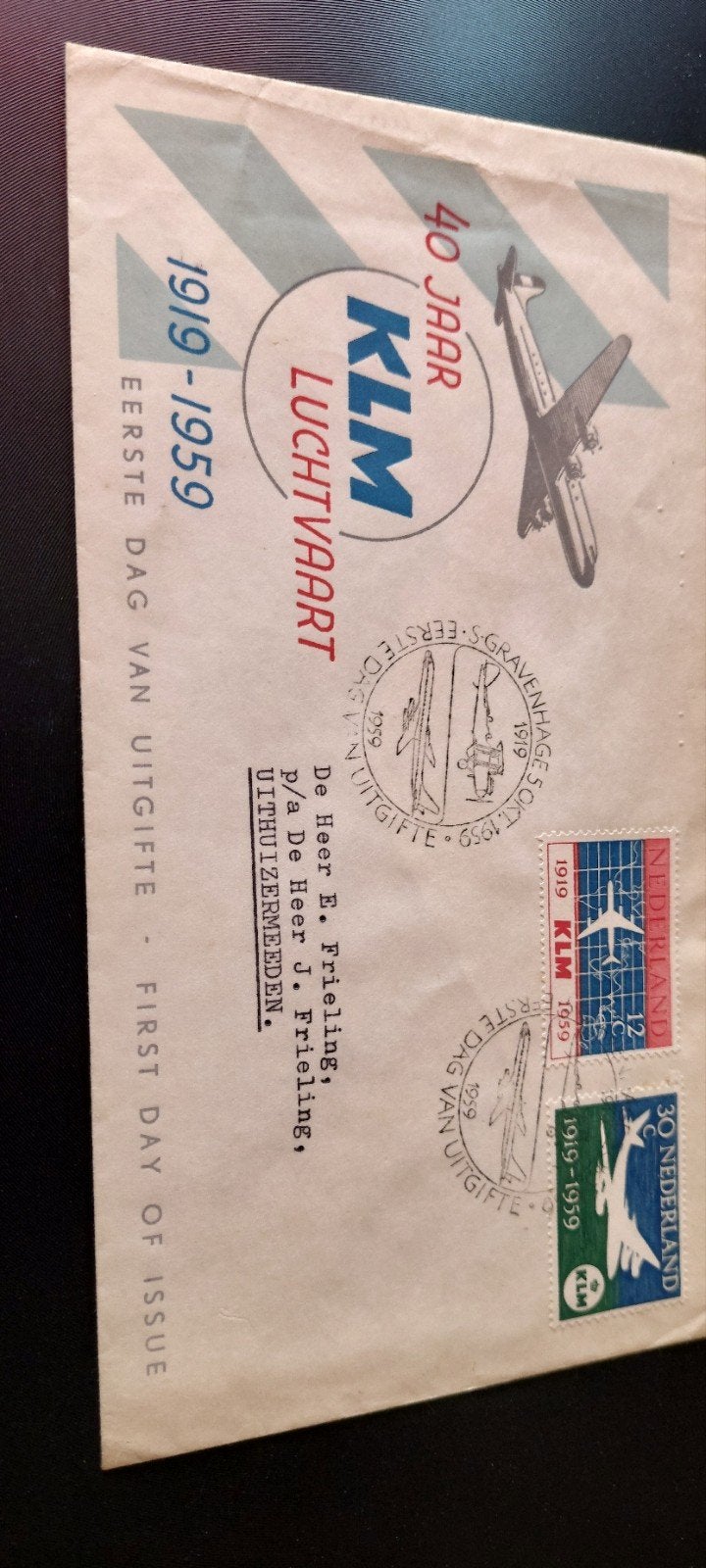 Eerste dagenvelope e40 KLM zegels 1959, Postzegels en Munten, Ophalen, Beschreven, Nederland
