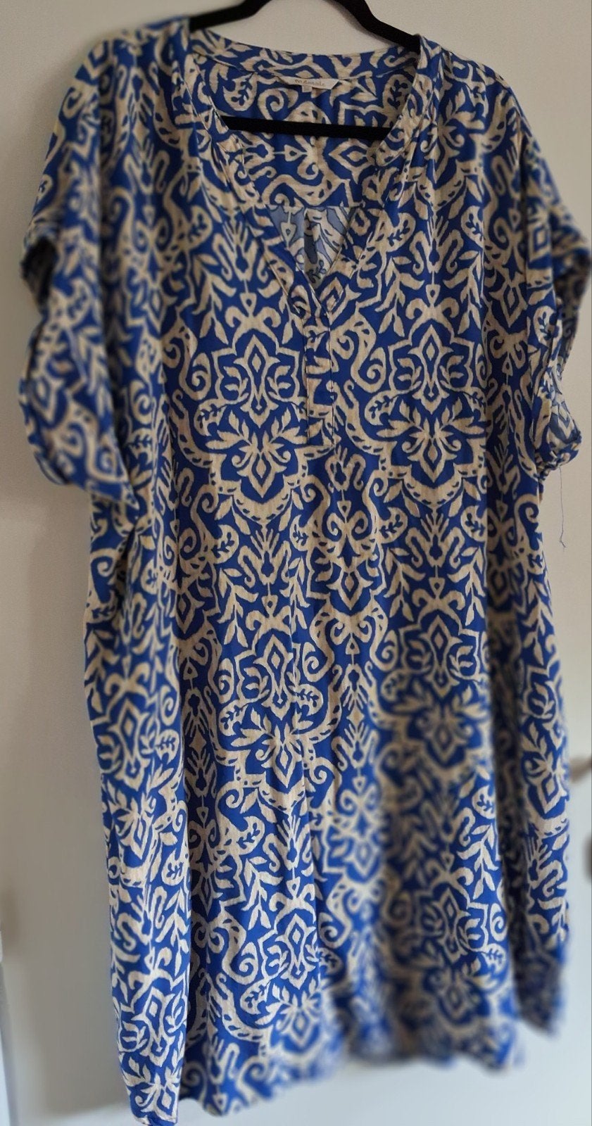 MS Mode Jurk Maat 52 Blauw/Beige Print, Maat 46/48 (XL) of groter, Zo goed als nieuw, MS Mode, Onder de knie