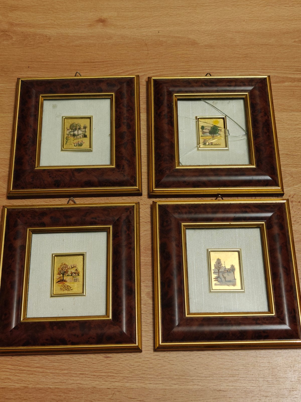 4 Kunstlithografieën op GOLDFOLIE - Ingelijst, Antiek en Kunst, Ingelijst, Ophalen, Landschappen, Lithografie
