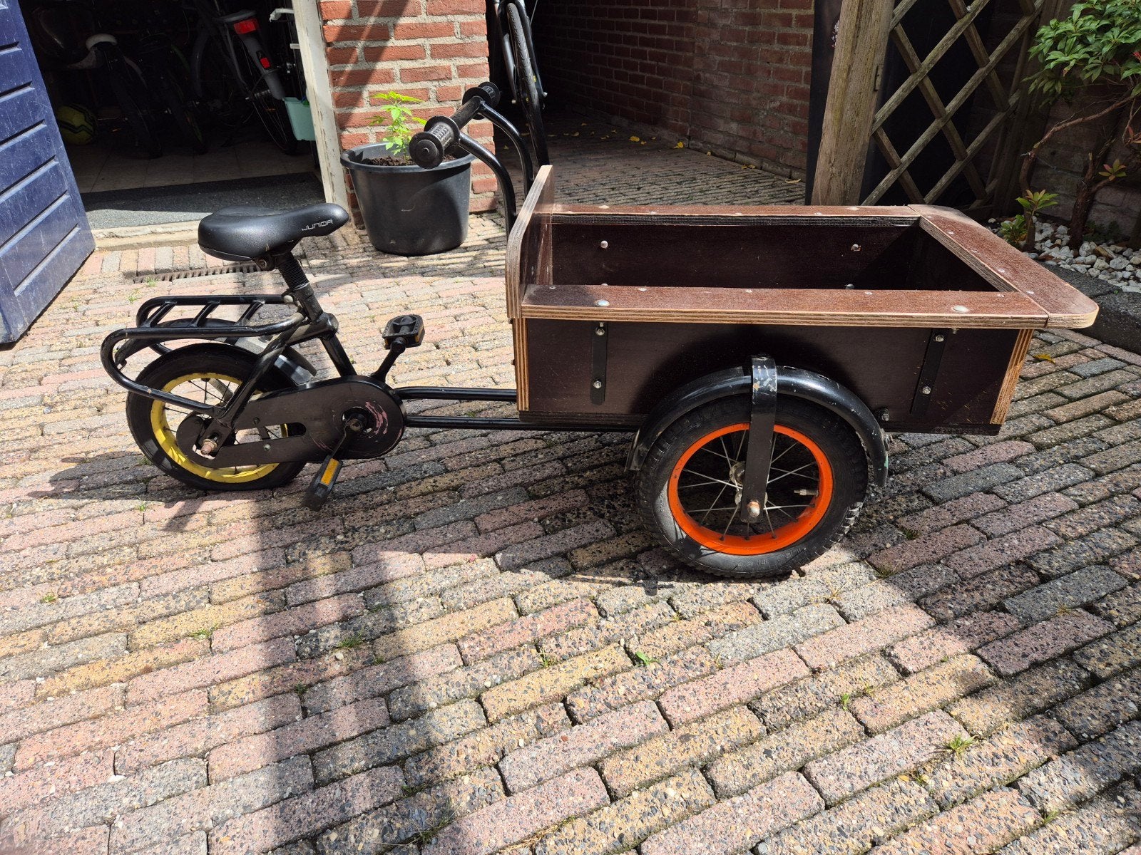 Nostalgische kinderbakfiets met nieuwe betonplex bak, Fietsen en Brommers, Ophalen, Gebruikt, Terugtraprem, Minder dan 16 inch