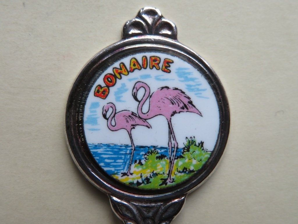 Verzilverd lepeltje Bonaire 2 flamingo's porselein, Antiek en Kunst, Verzenden