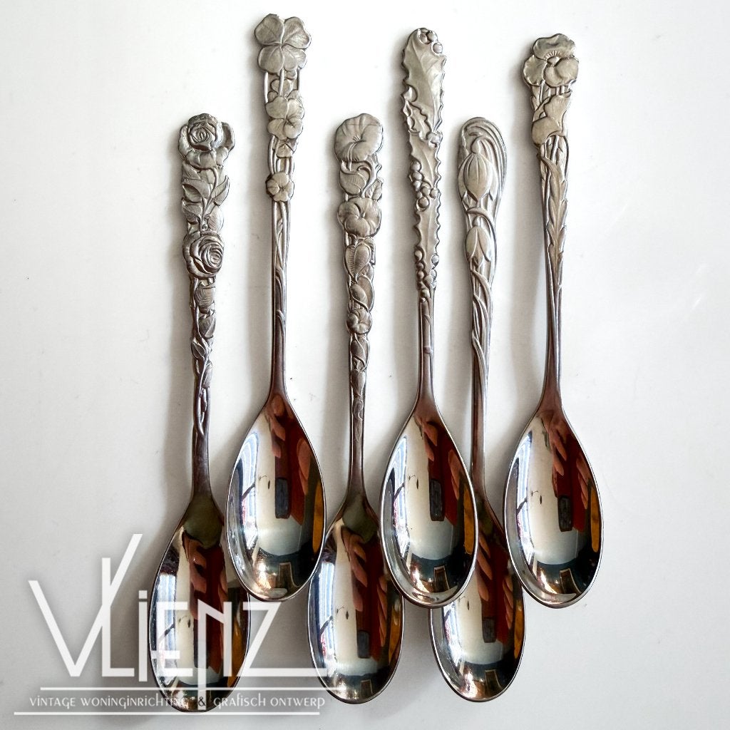 Vintage, brocante theelepeltjes bloemen Gero Zilmeta lepels, Ophalen of Verzenden