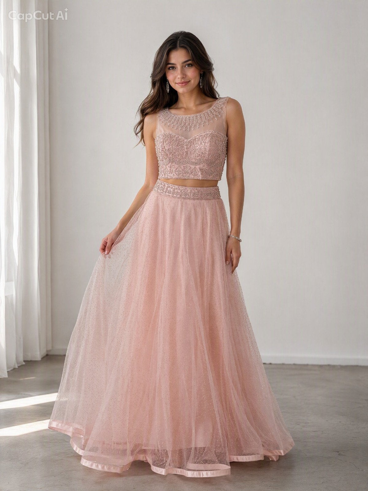 desi lengha / Roze Galajurk met steentjes en Tule - Maat 40, Galajurk, Ophalen of Verzenden, Zo goed als nieuw, Roze
