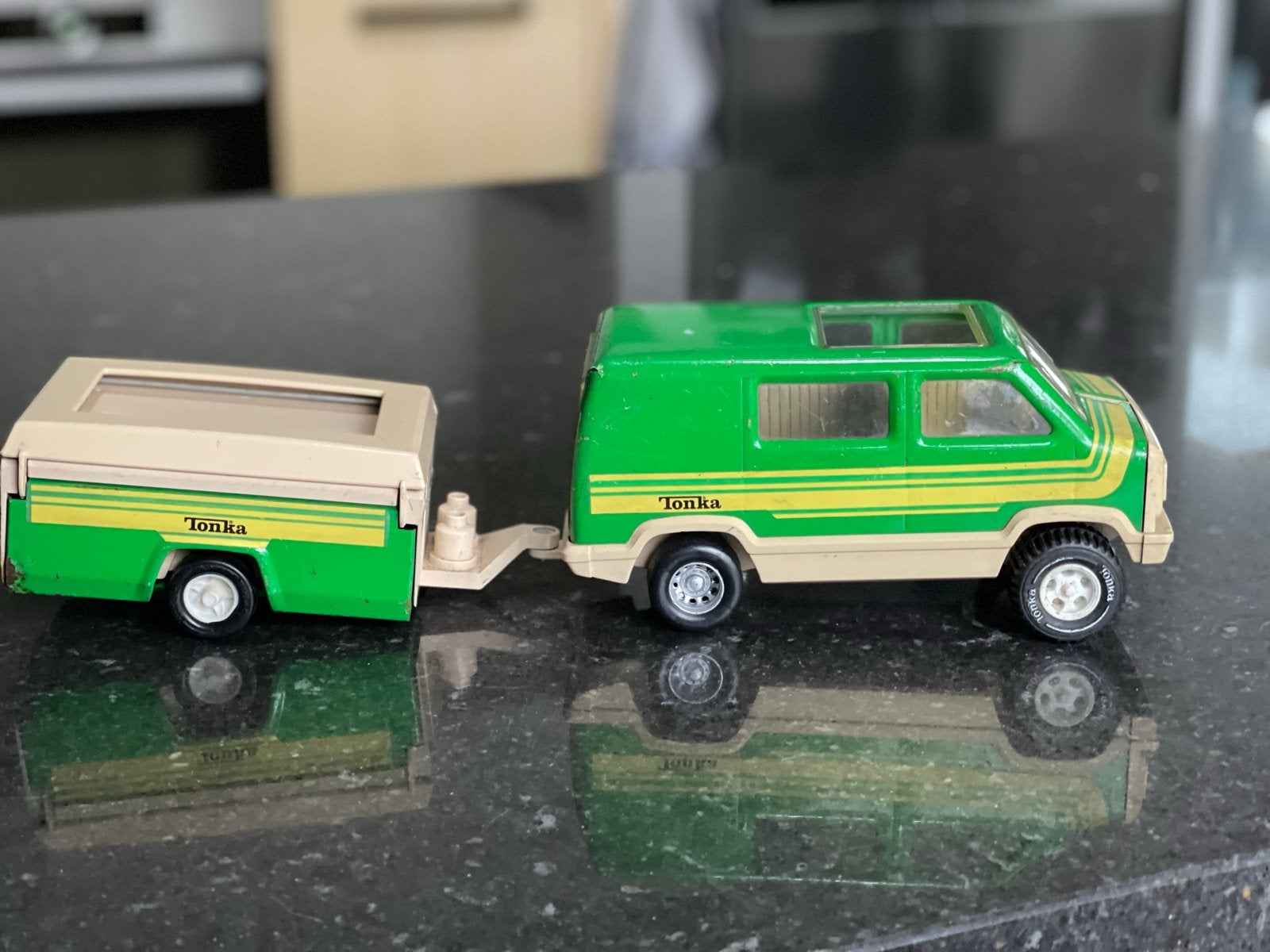 Vintage Tonka Camper Van met Caravan - Groen/Beige, Ophalen of Verzenden, Gebruikt