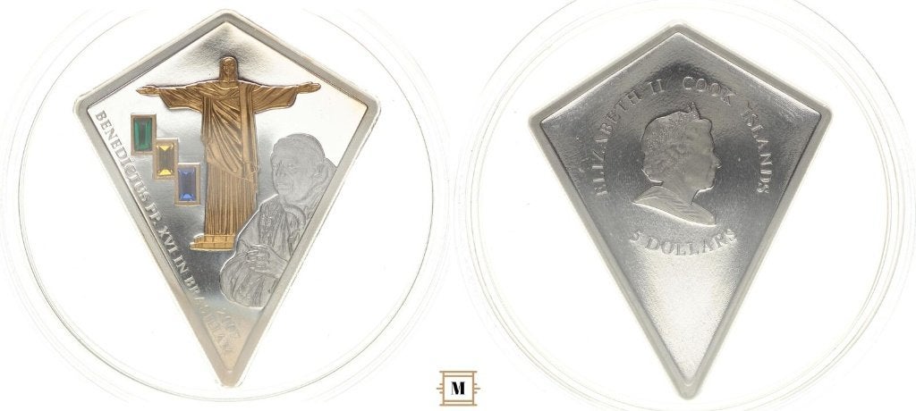 Cookeilanden 5 dollar 2007 Pauselijk bezoek aan Brazilië, Ophalen of Verzenden, Losse munt, Zilver