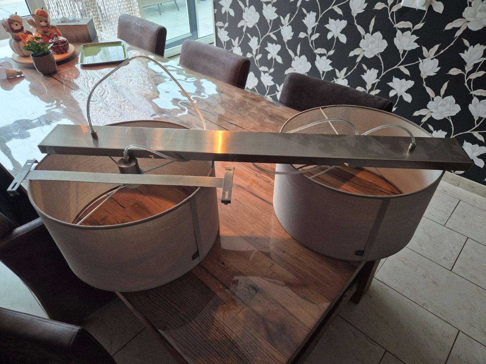 Hanglamp met twee stoffen kappen, Ophalen, Gebruikt, Metaal, E27 (groot)