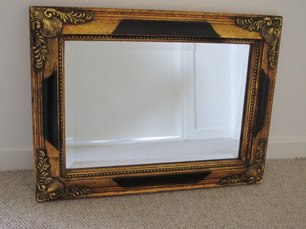 Vintage spiegel 40  30 cm – zwart/gouden decoratieve lijst, Minder dan 50 cm, Gebruikt, Ophalen of Verzenden, Minder dan 100 cm