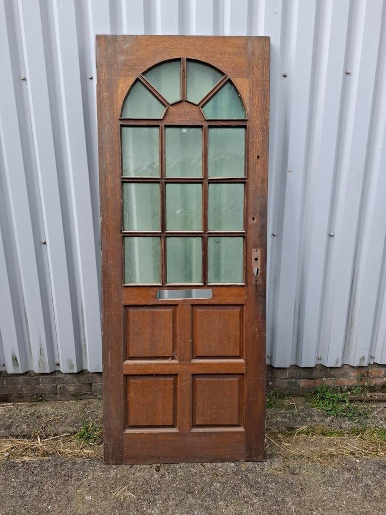 Antieke houten buitendeur met glas, Ophalen, Gebruikt, 200 tot 215 cm, Glas