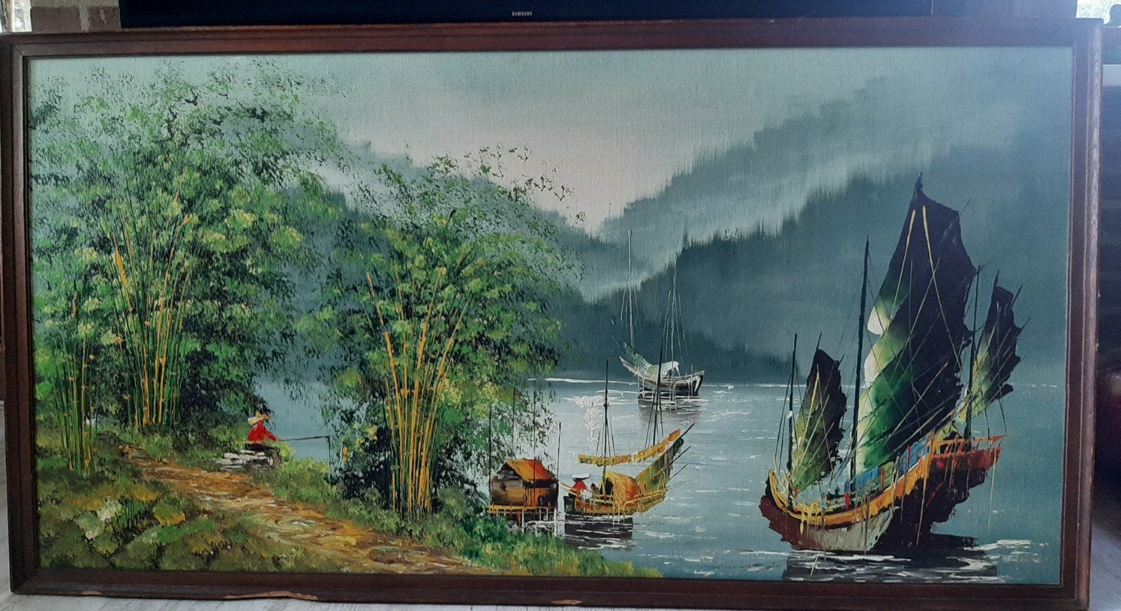 Vintage Aziatisch schilderij met visser, jonk, bamboe, Antiek en Kunst, Ophalen