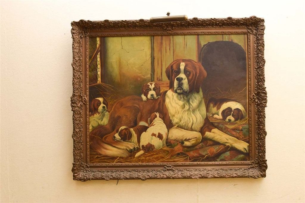 Schilderij met lampje st Bernard met haar puppy\'s 49106