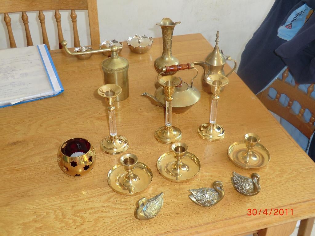 Div. geel koperen accessoires, kandelaars, vaas, theepotje, Antiek en Kunst, Antiek | Koper en Brons, Ophalen of Verzenden, Koper