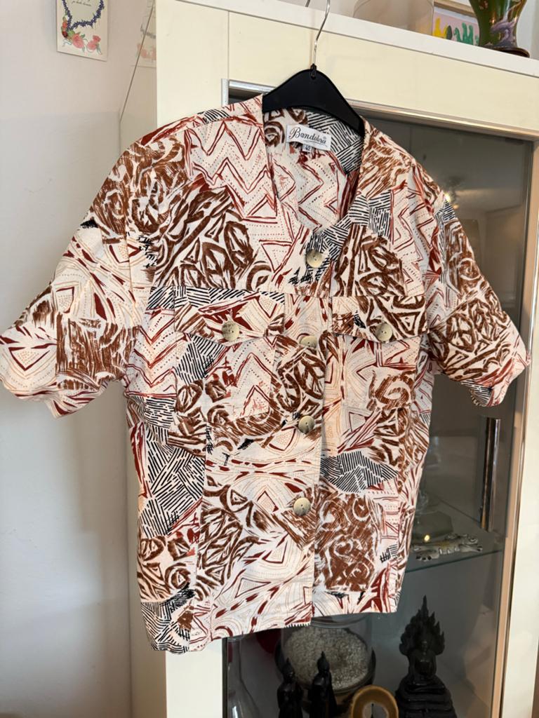 Bandolera Blouse met Abstracte Print - Maat L, Ophalen of Verzenden, Zo goed als nieuw, Maat 42/44 (L), Bruin