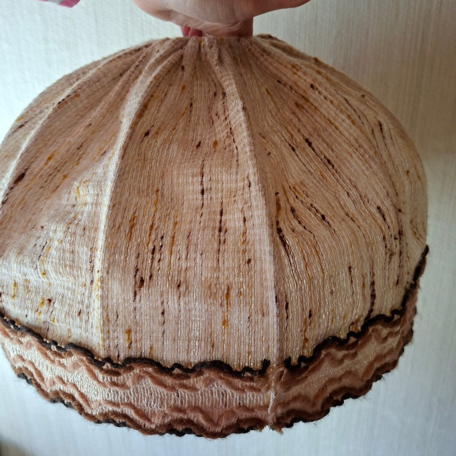 Vintage Jaren '70 Lampenkap Crème/Bruin Textiel Ø41 H28cm, Ophalen of Verzenden, Bruin, Rond
