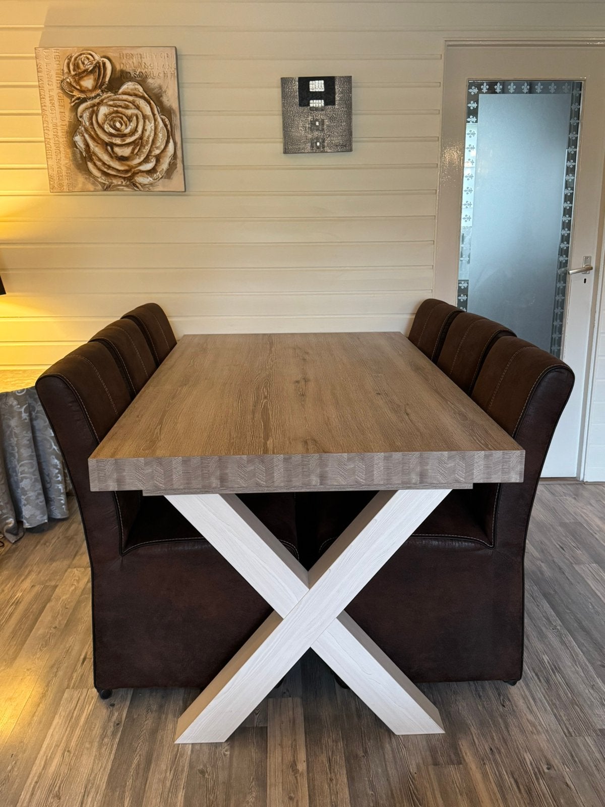 Stevige eettafel met 6 comfortabele stoelen met wieltjes, Huis en Inrichting, Ophalen, Zo goed als nieuw, Modern, 6 tot 8 stoelen