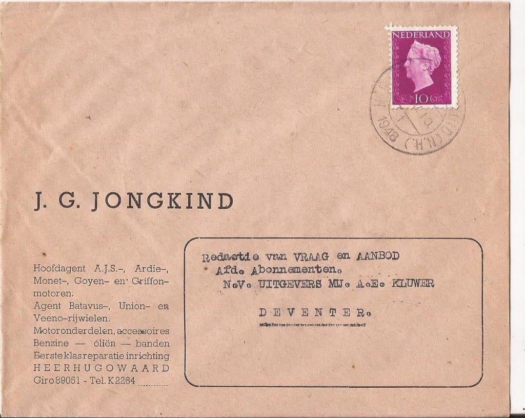 HEERHUGOWAARD 1948 JG. JONGKIND Motoronderdelen agent, Verzenden, 1940 tot 1960, Gelopen, Noord-Holland
