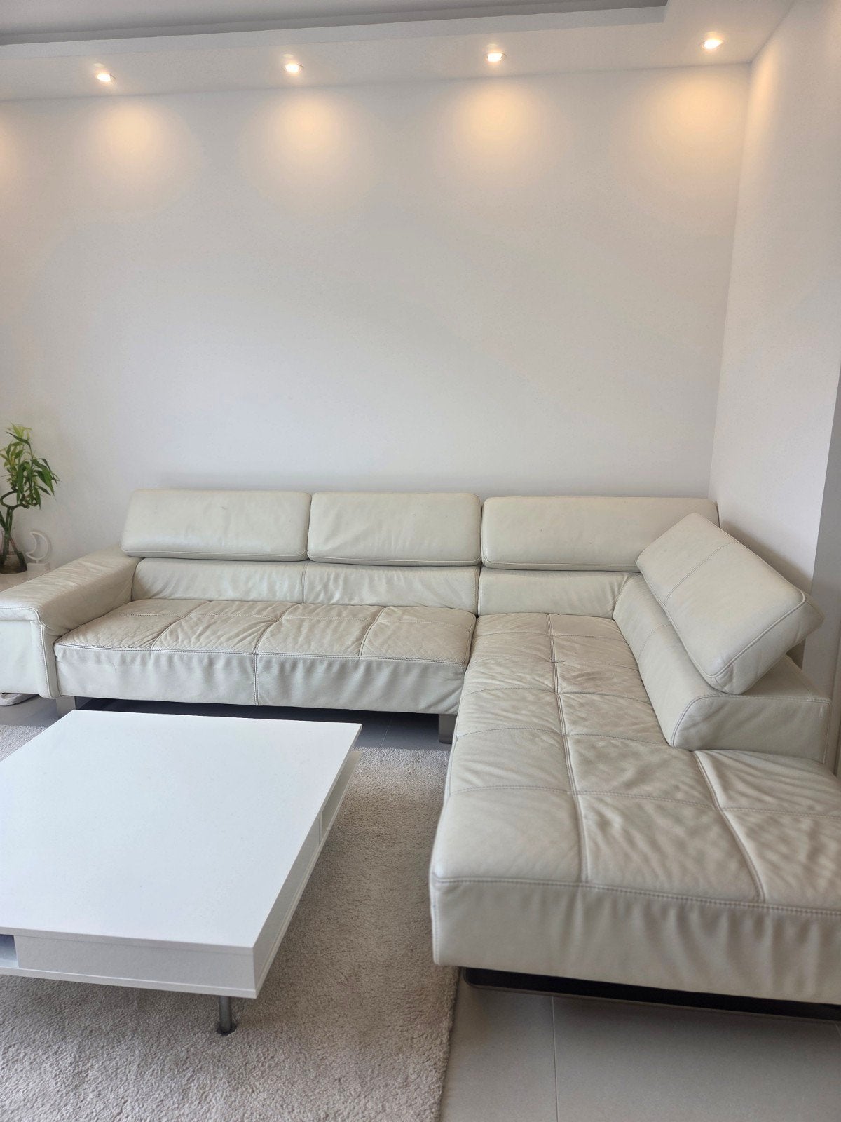 Loungebank met kleine naad open - Crème leer, Huis en Inrichting, Ophalen, 250 tot 300 cm, Gebruikt, 100 tot 125 cm