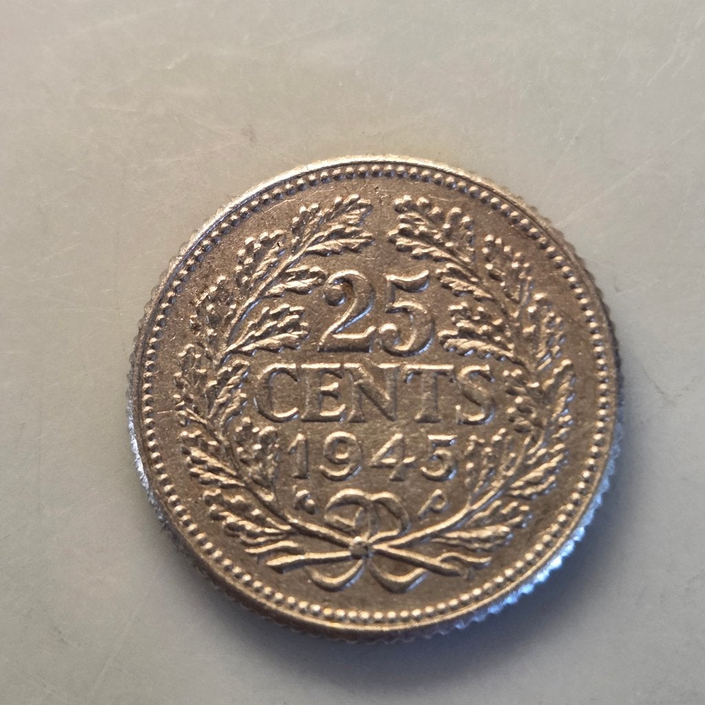 Zeldzaam Kwartje 1945 E/P, Zilver, 25 cent, Ophalen of Verzenden, Koningin Wilhelmina