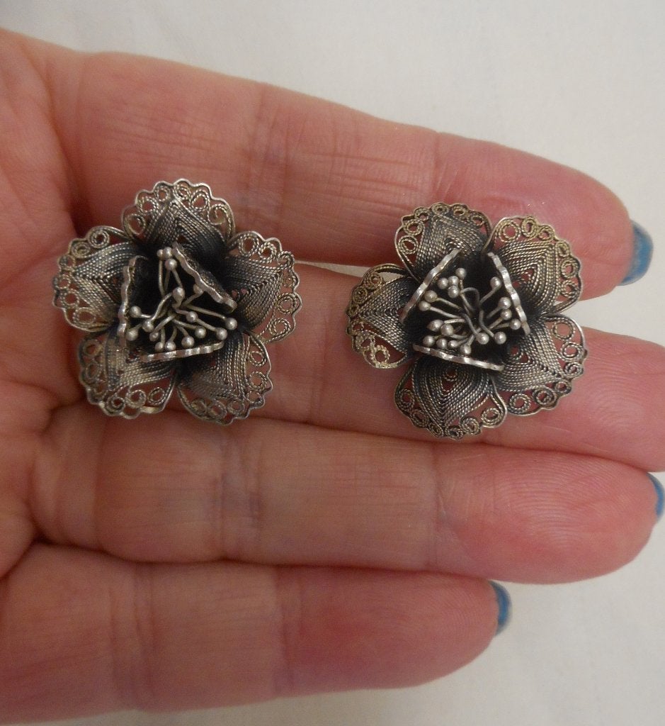 Zilveren prachtige antieke oorclips bloem nr.773, Sieraden, Tassen en Uiterlijk, Antieke sieraden, Verzenden, Zilver, Oorbellen