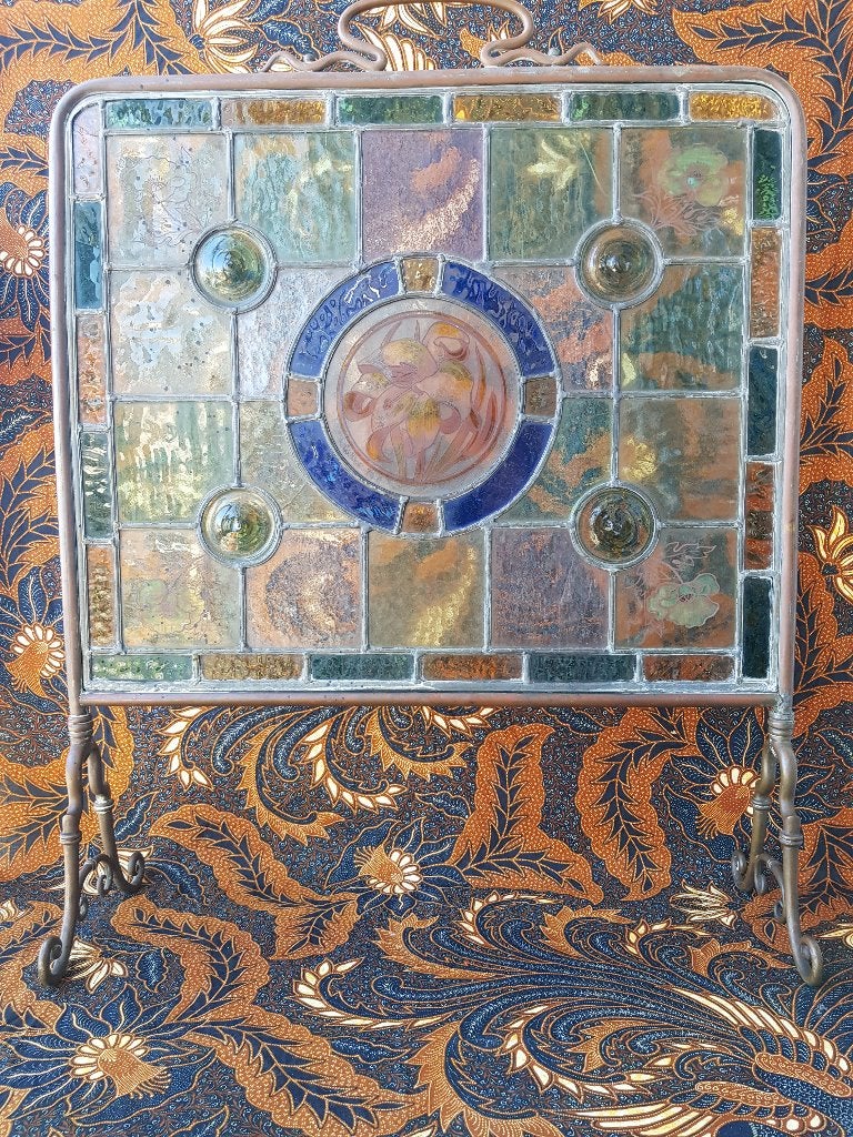 Mooi antiek Engels scherm van glas in lood en koper 72 cm., Antiek en Kunst, Ophalen