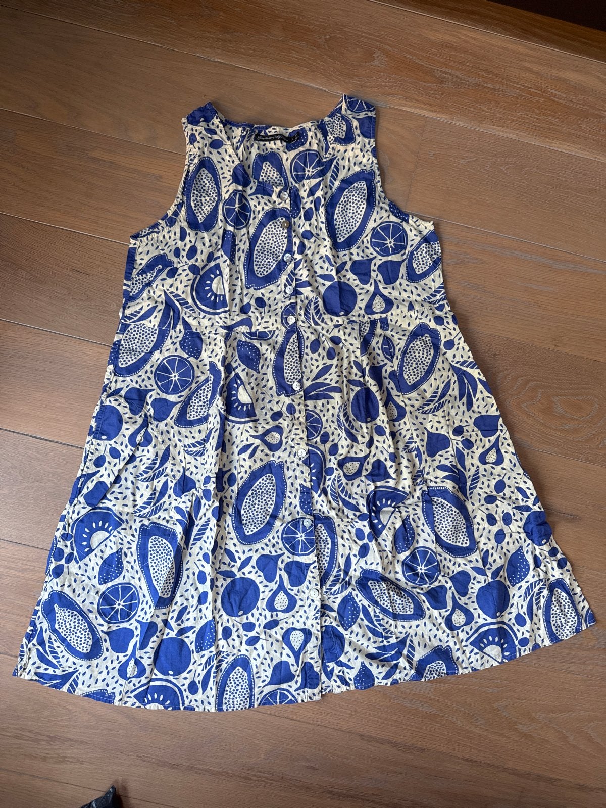 Zomerjurkje met fruitprint, Kleding | Dames, Blauw, Maat 42/44 (L), Ophalen of Verzenden, Zo goed als nieuw