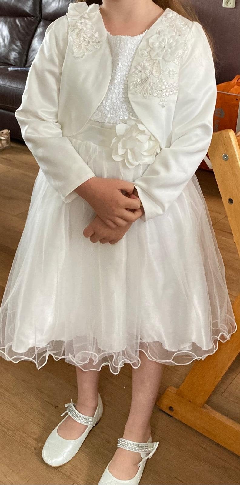 Witte feestjurk / bruidsmeisjesjurk met bolero maat 128, Ophalen, Zo goed als nieuw, Meisje
