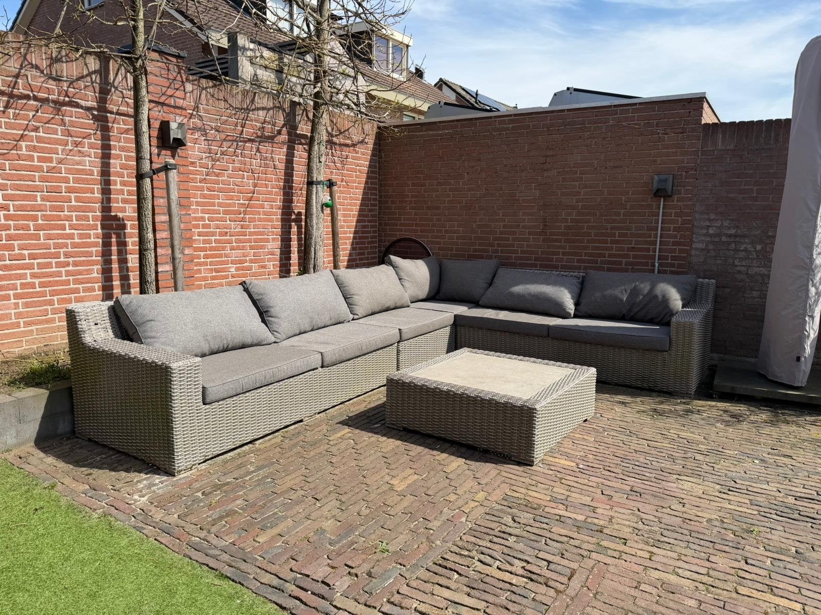 Grote Wicker Loungeset met Salontafel - Grijs, Ophalen, Gebruikt, Meer dan 8 zitplaatsen, Loungeset
