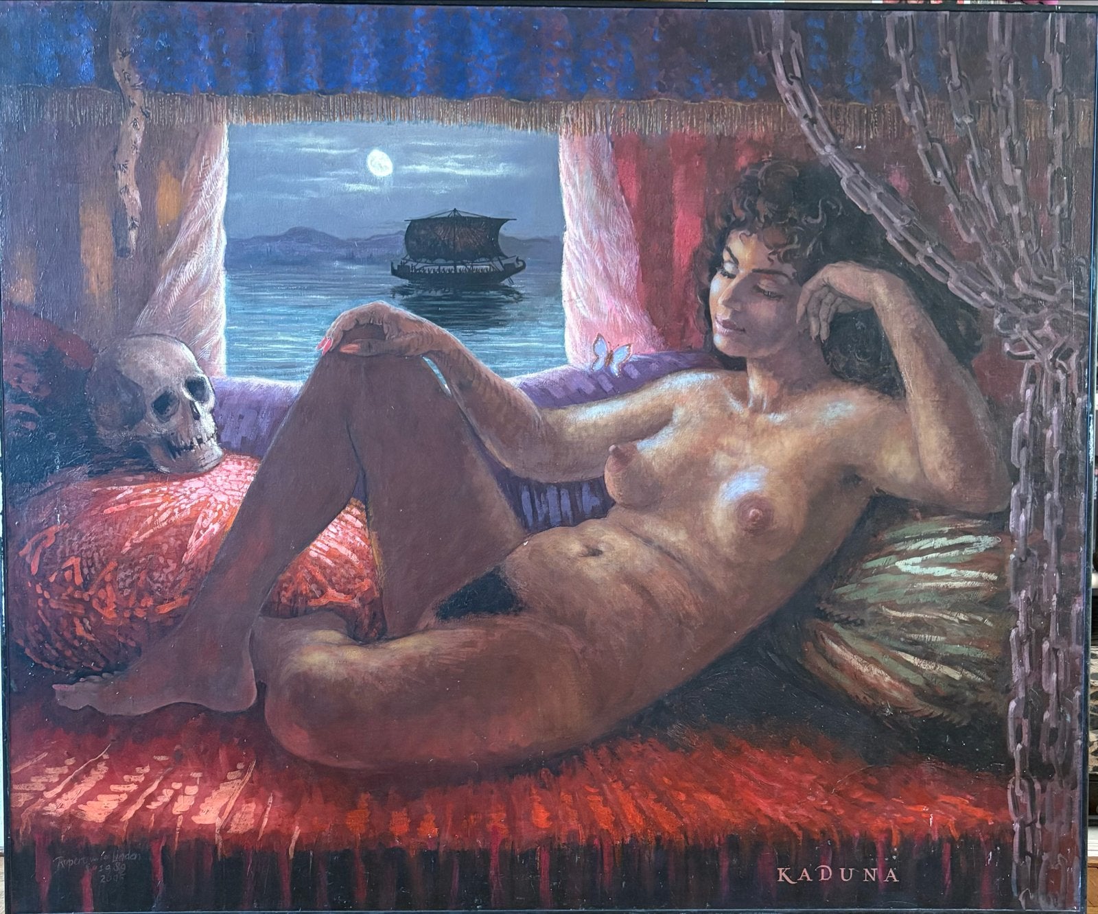 Olieverfschilderij 'Kaduna' door Rupert van der Linden, Antiek en Kunst, Ophalen, Doek, Portret of Personen, Surrealisme