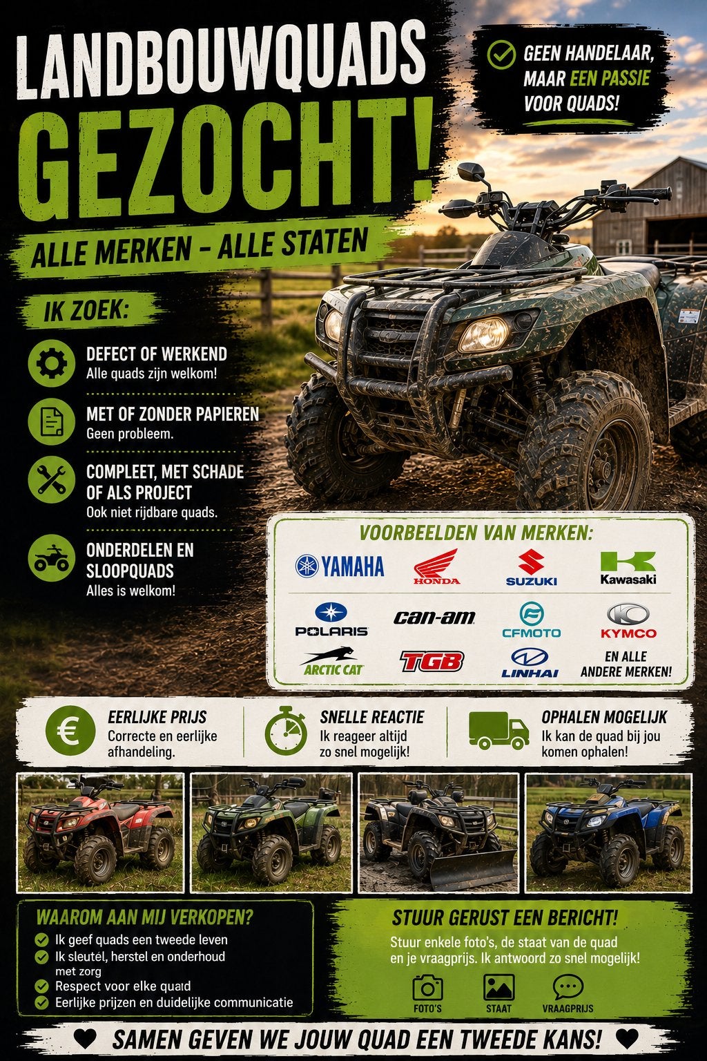 Landbouwquads gezocht – alle merken en alle staten!, Ophalen of Verzenden