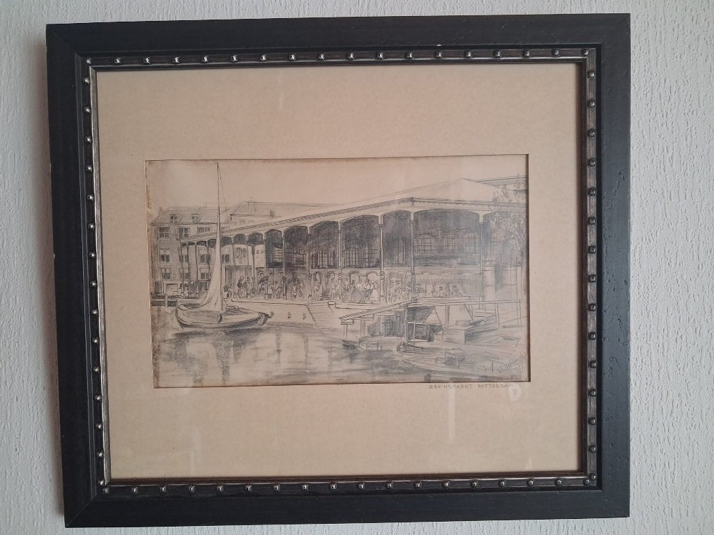 Potloodtekening Zeemanshuis leuvehaven Rotterdam A. Hofland, Ophalen of Verzenden, Tekening, Potloodtekening, Gesigneerd