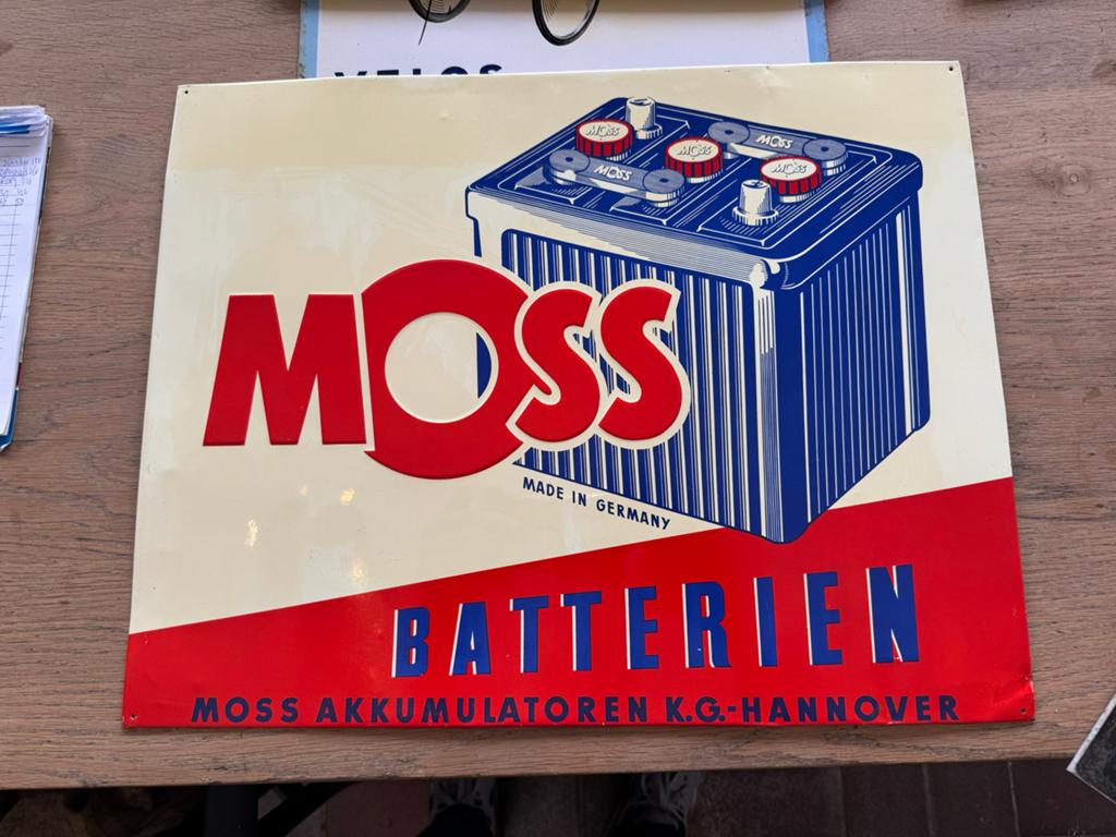 Vintage Moss Batterijen Reclamebord - Made in German, Ophalen, Reclamebord, Gebruikt, .