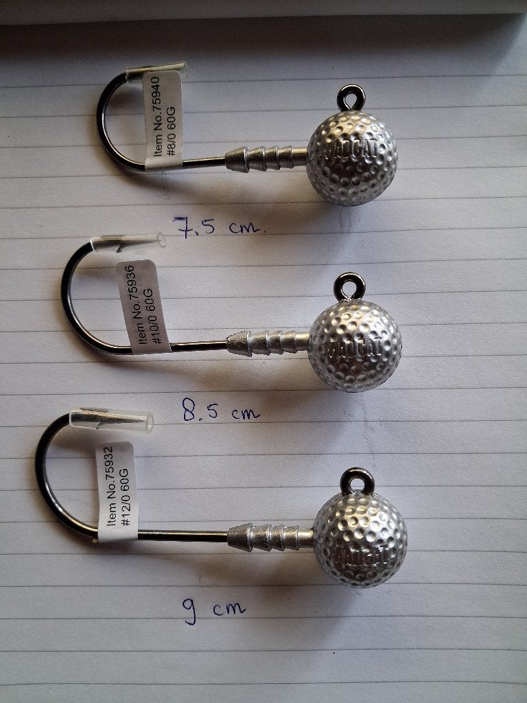 Golfball Jigheads van 60 gram...in 3 haakmaten (Mad Cat)