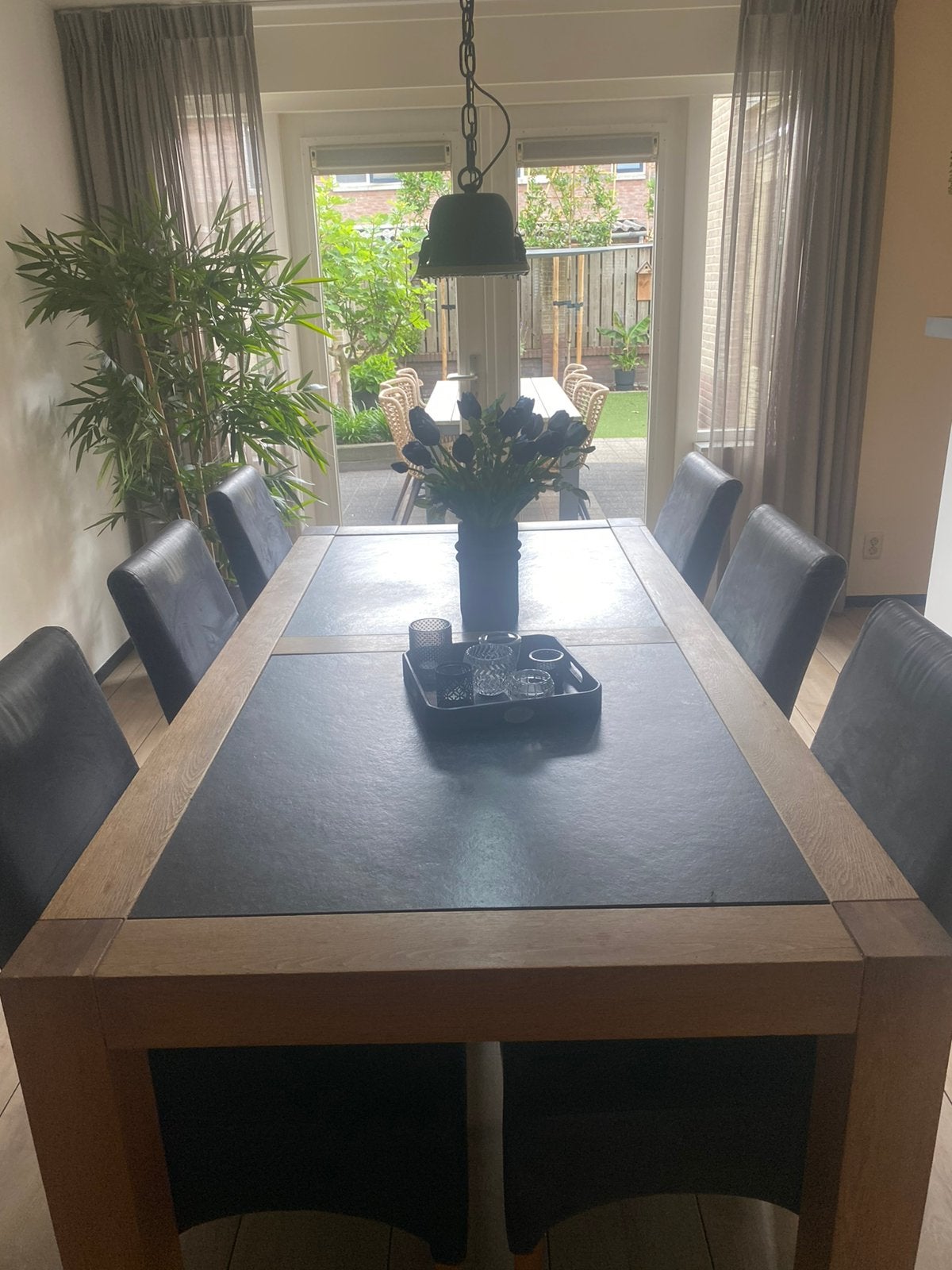 Gratis grenen tafel met leisteen met 6 stoelen, Ophalen, Gebruikt, Rechthoekig, 50 tot 100 cm