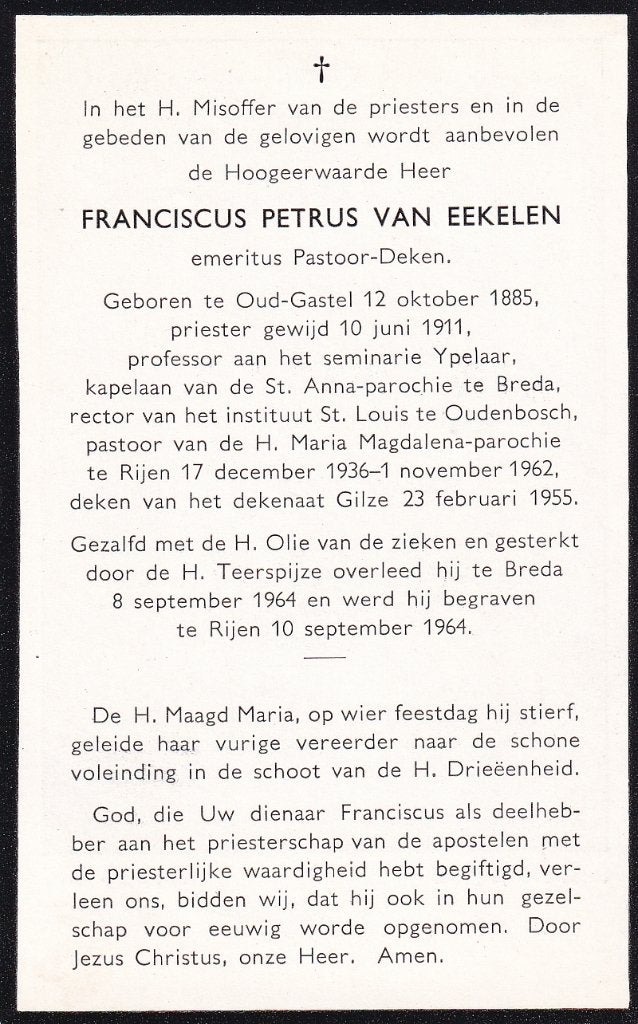 Eekelen Franciscus 1885 Oud Gastel 1964 Breda, Ophalen, Bidprentje