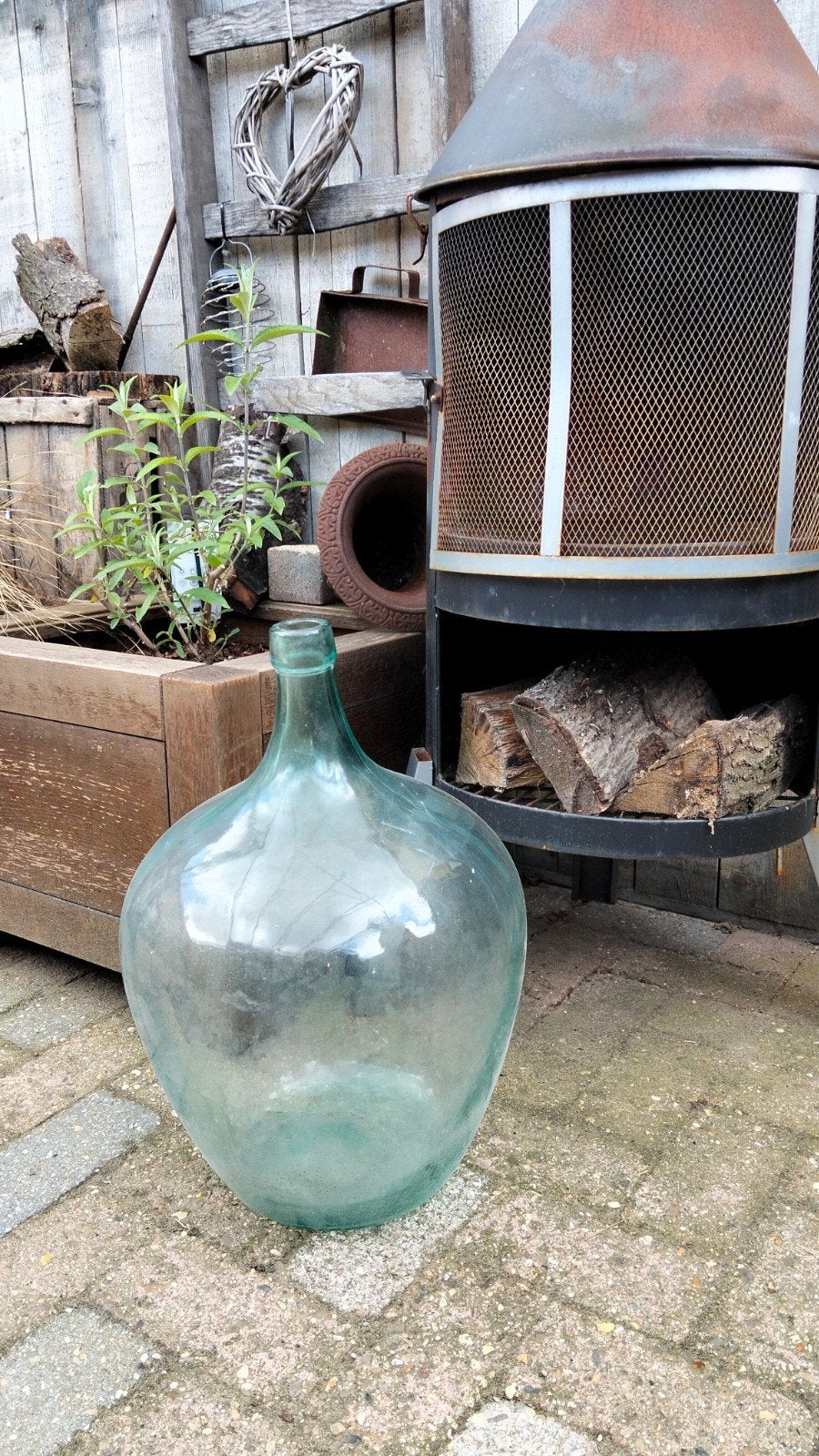 Brocante hele grote gistfles blauw/groenig glas, Antiek en Kunst, Ophalen