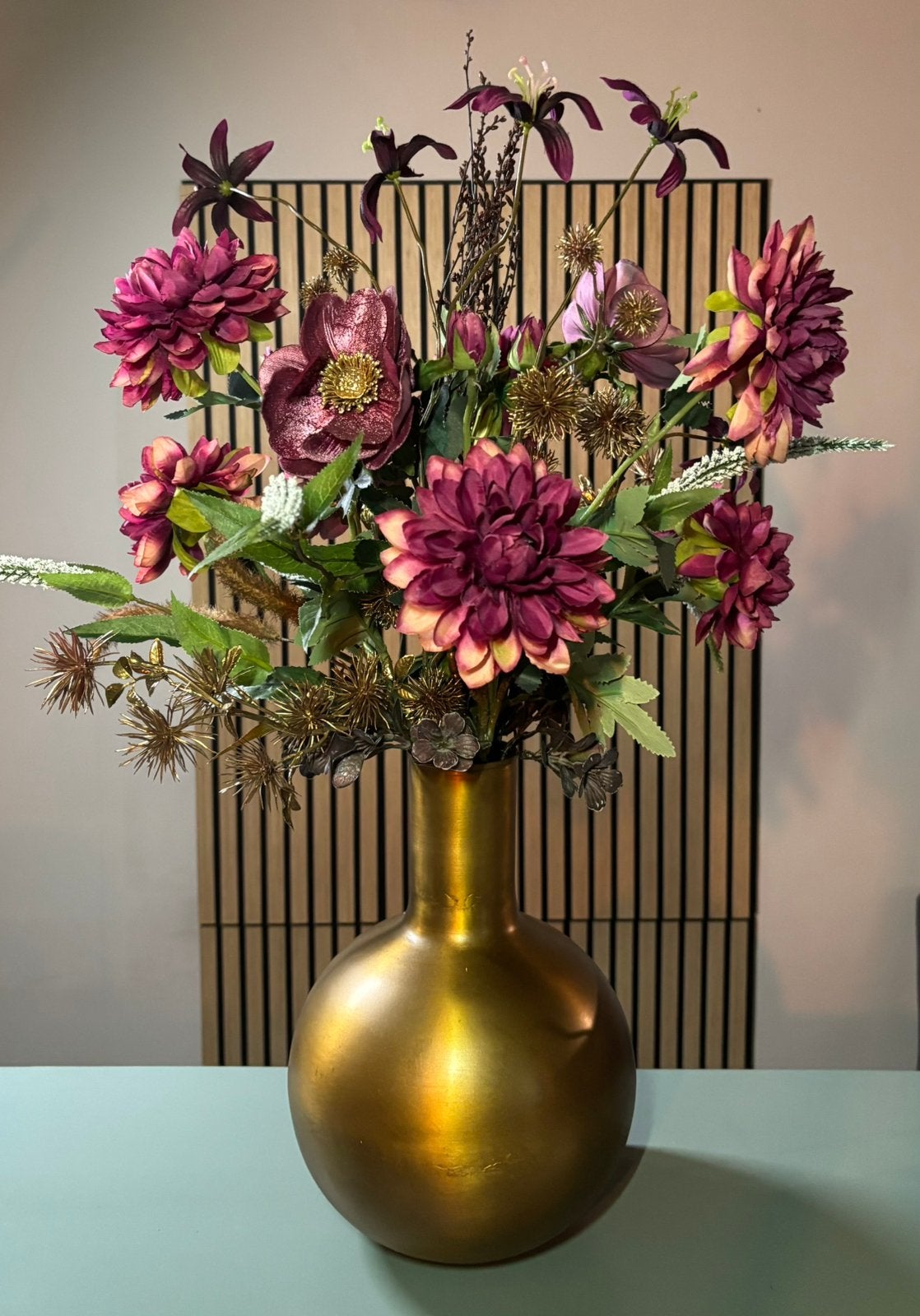 Zijden bloemen boeket - Compleet in Dutchbone Hari Fat vaas, Binnen, Www.discountfashioncorner.nl, Ophalen of Verzenden, Boeket