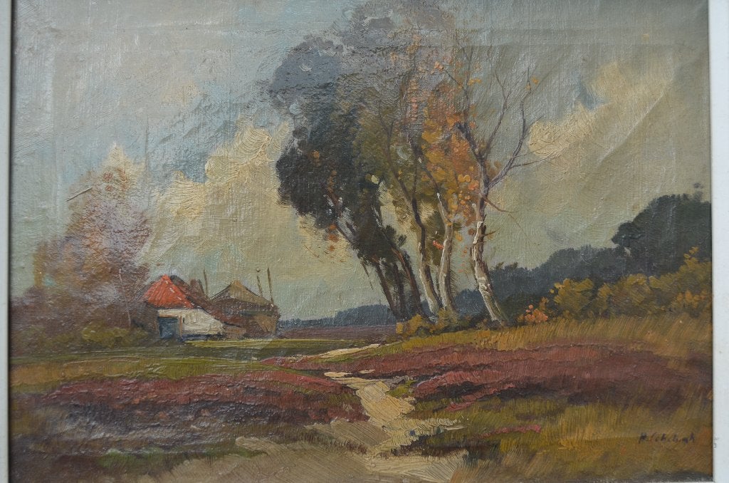 Olie op doek boerderijtje in landschap, Antiek en Kunst, Doek, Achter glas, Ophalen of Verzenden, Landschap