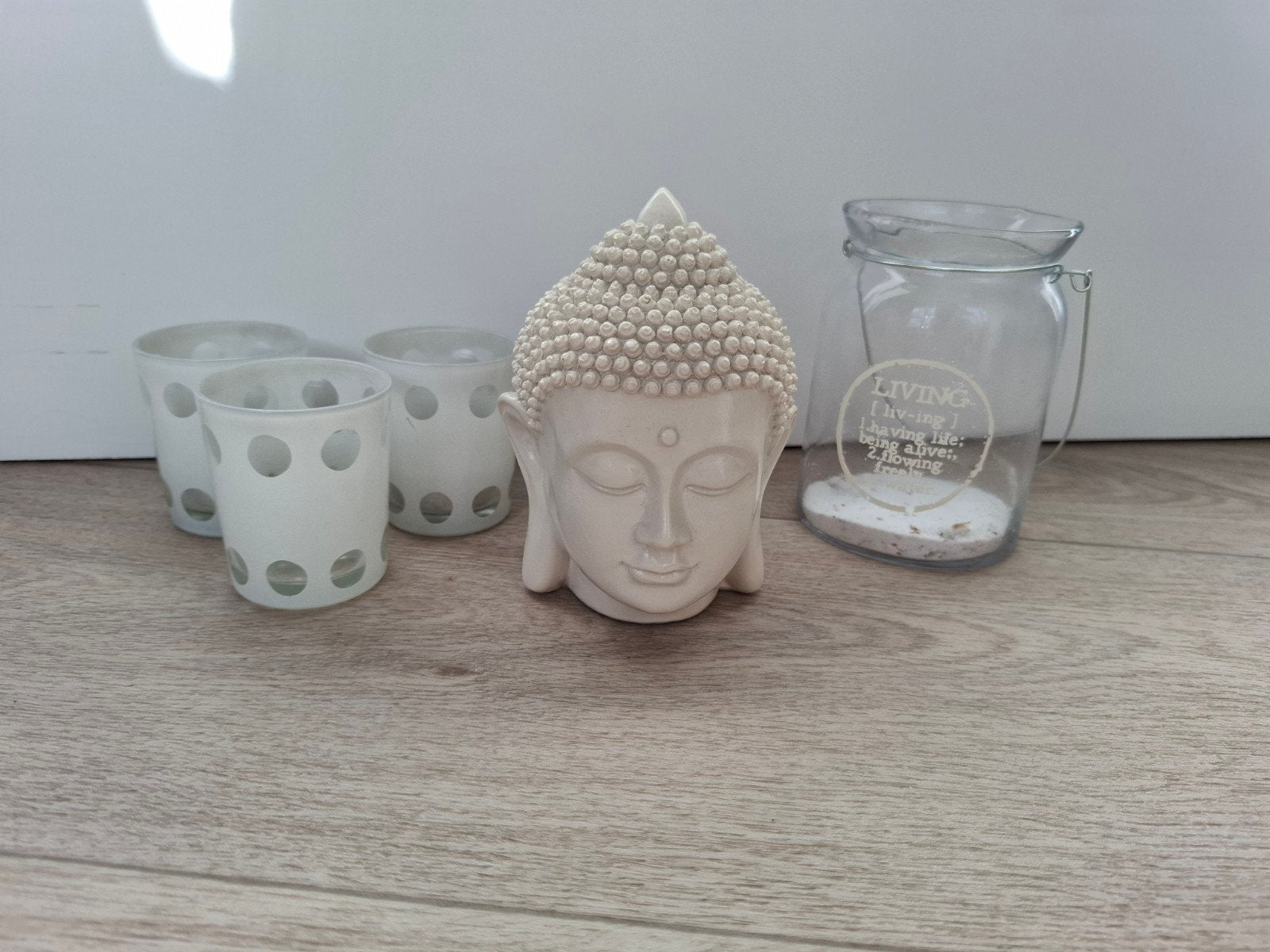 Decoratieset: 3 Waxinelichtjes, Boeddha Hoofd & Windlicht, Ophalen of Verzenden, Zo goed als nieuw, Wit, Glas