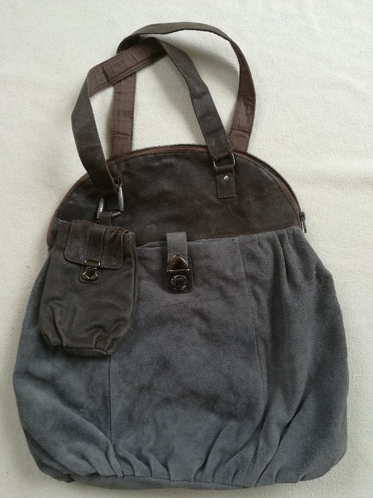 BIJENKORF tas donker grijs suède met bruin leer, Ophalen of Verzenden, Bruin, Handtas