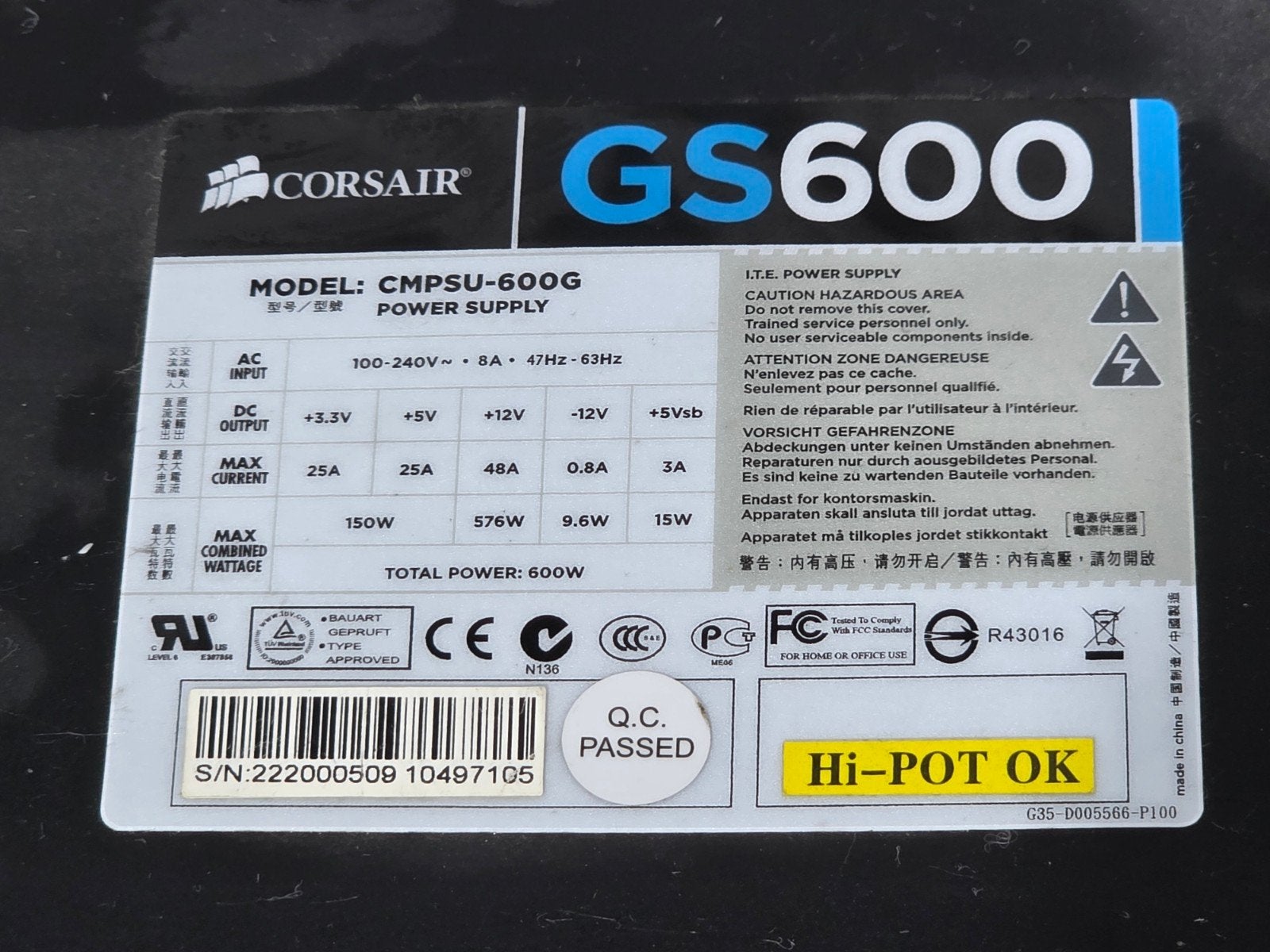 Corsair 600w max voeding psu power supply gs600, Gebruikt, ., Ophalen of Verzenden, .