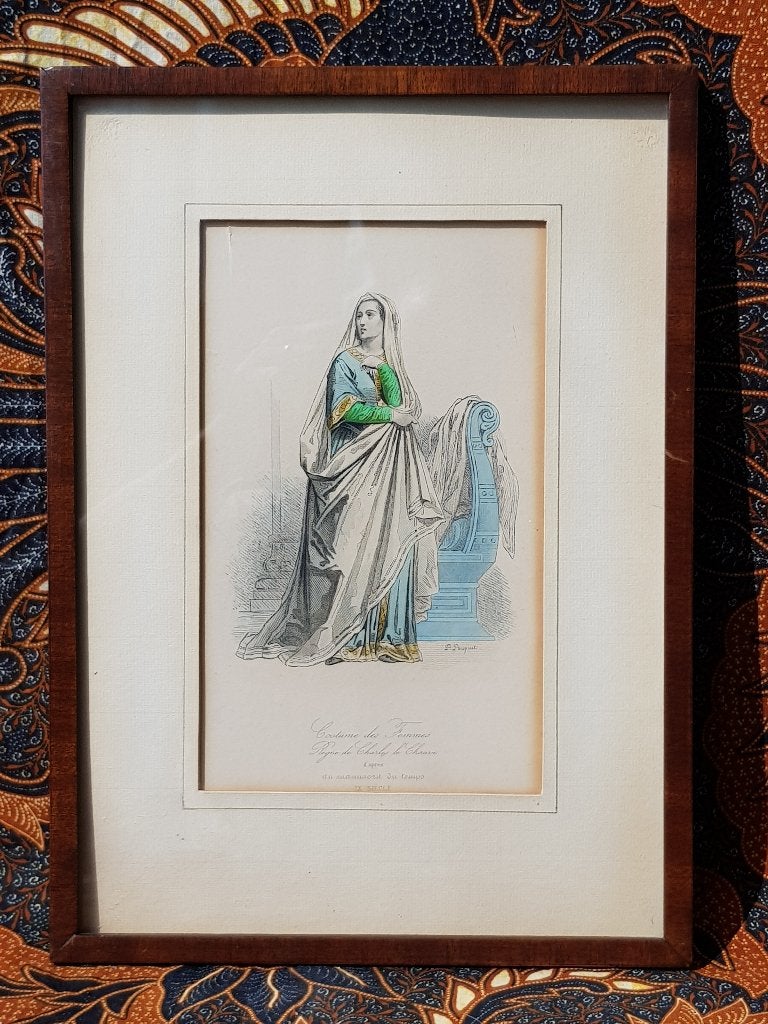 Edelvrouw mooie antieke ingelijste gravure uit Frankrijk.