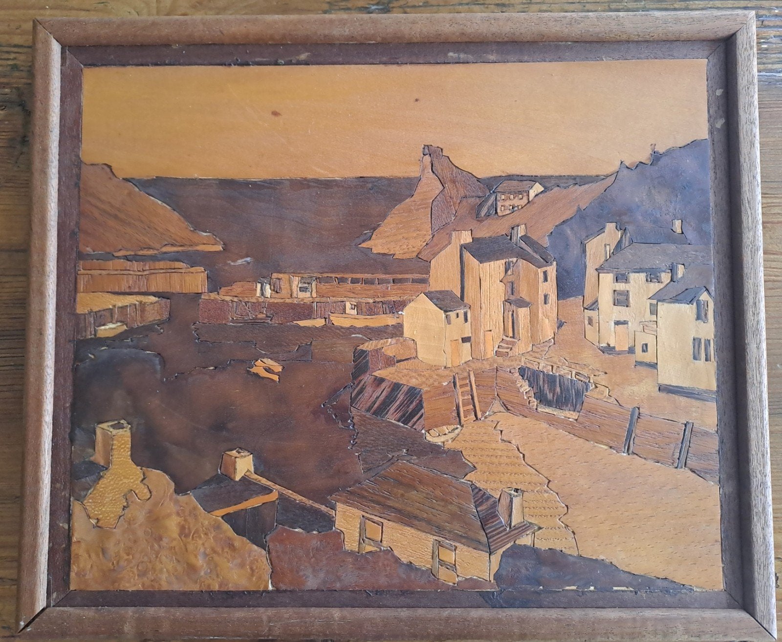 Vintage houten marqueterie wandtableau met kustscene, Antiek en Kunst, Ophalen of Verzenden