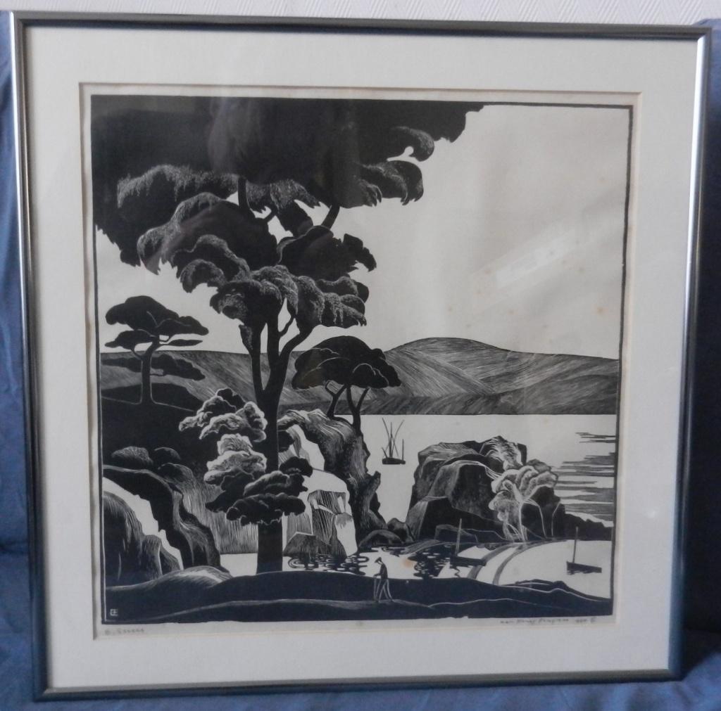 Houtgravure Bretonse Baai 1927 Bernard Essers hxb 33,5x33,6, 34 cm, Met monogram, Ophalen of Verzenden, Houtsnede