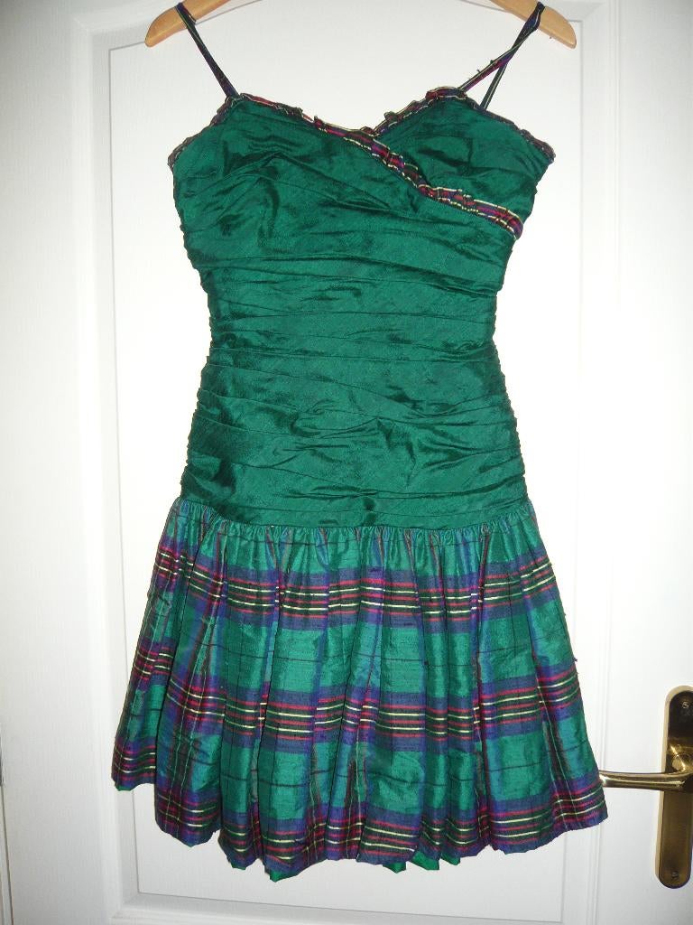 cocktailjurk Avondjurk groen met ruit glanskatoen satijn mtS, Cocktailjurk, Ophalen of Verzenden, Zo goed als nieuw, Maat 36 (S)
