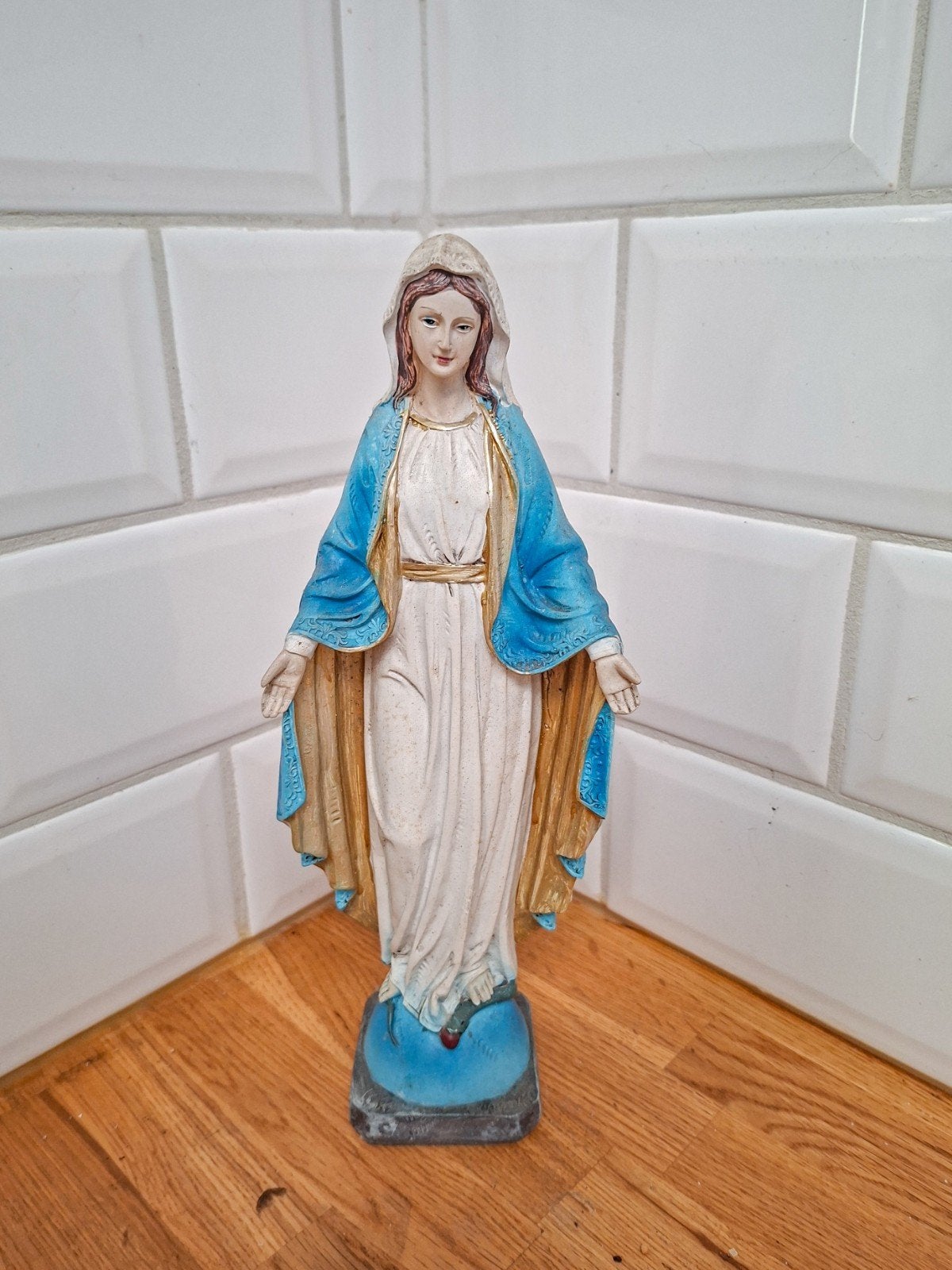 Vintage Mariabeeld - Blauw en Goud - Religieuze Decoratie, Ophalen of Verzenden