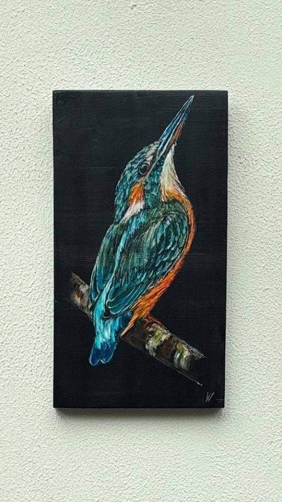 Schilderij ijsvogel op hout, Antiek en Kunst, Kunst | Schilderijen | Modern, Acrylverf, Hout, Handgeschilderd, Ophalen of Verzenden