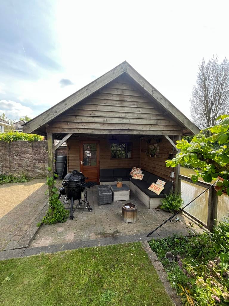 Houten Tuinhuis/veranda met schuurtje, Tuin en Terras, Ophalen, Gebruikt, Tuinhuis, 250 tot 500 cm