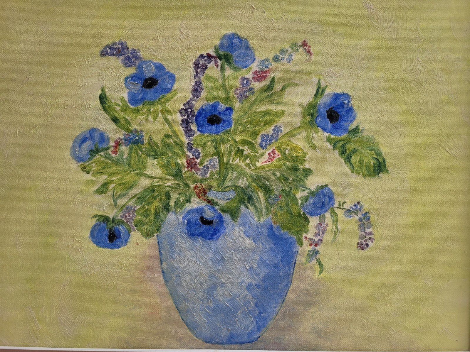 Schilderij Anemonen in vaas met robuuste lijst, Antiek en Kunst, Doek, Realistisch, Olieverf, Ingelijst